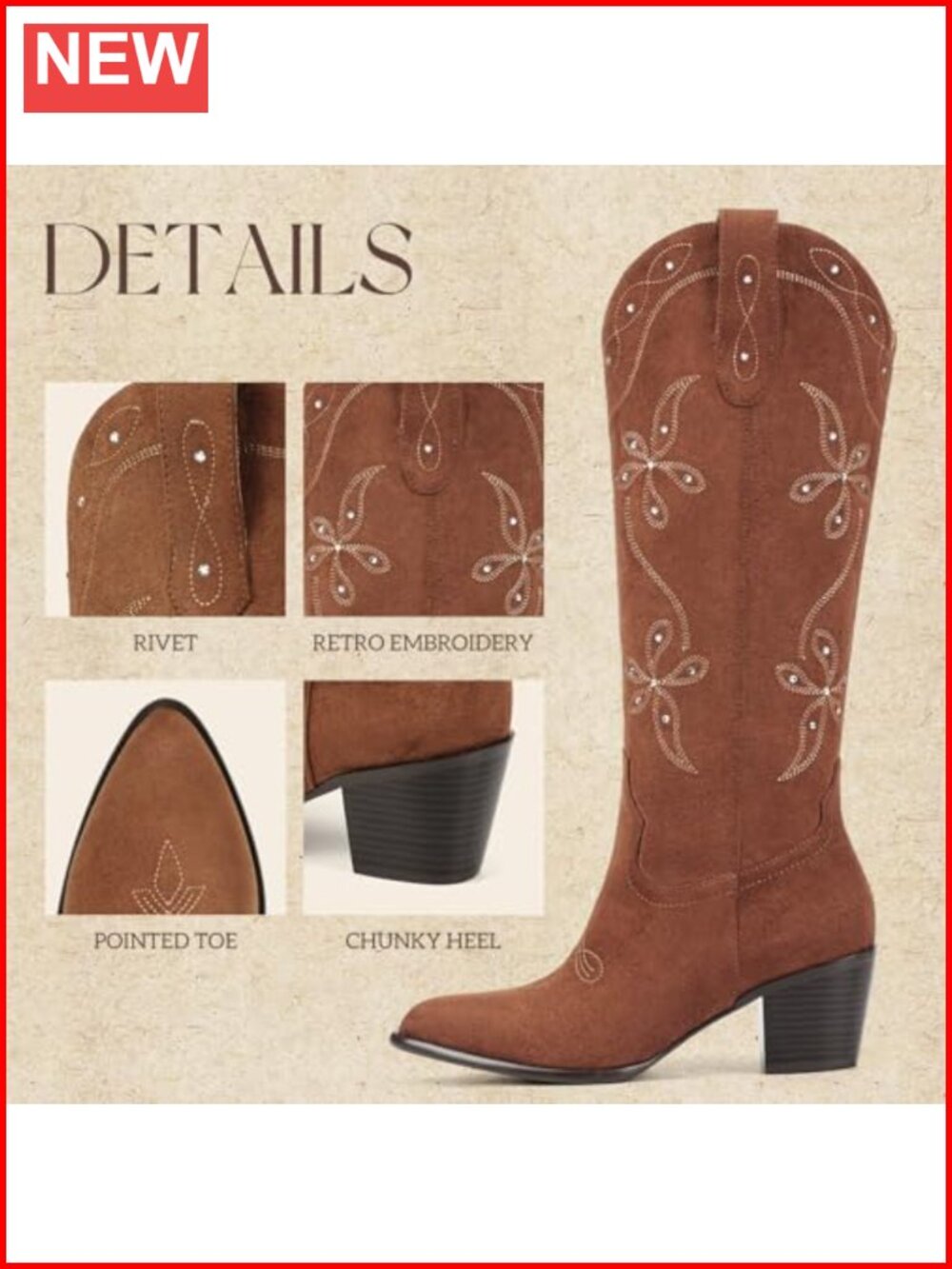 Knee High Cowboy Boots Women Faux Suede Pointed Toe Chunky Heel Pull On Western - Picture 3 of 5